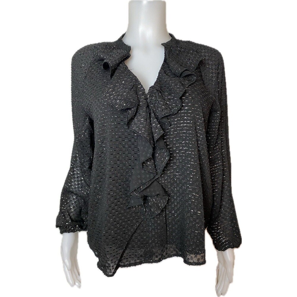 F. Nanette Top L Multicolor Black Blouse Long Sleeve V Neck NWT $88